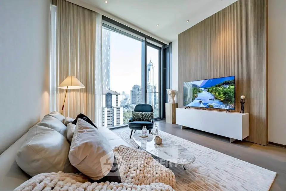 Luxurious modern living room with stunning city view and elegant decor