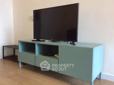 Modern living room with sleek TV stand and flat-screen television