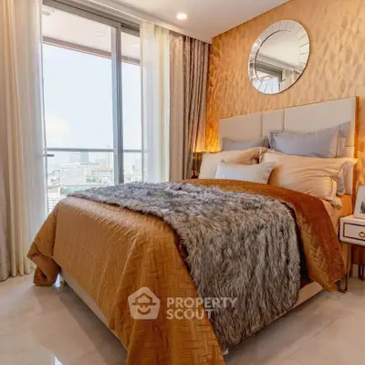 Luxurious bedroom with plush bedding and city view from large windows