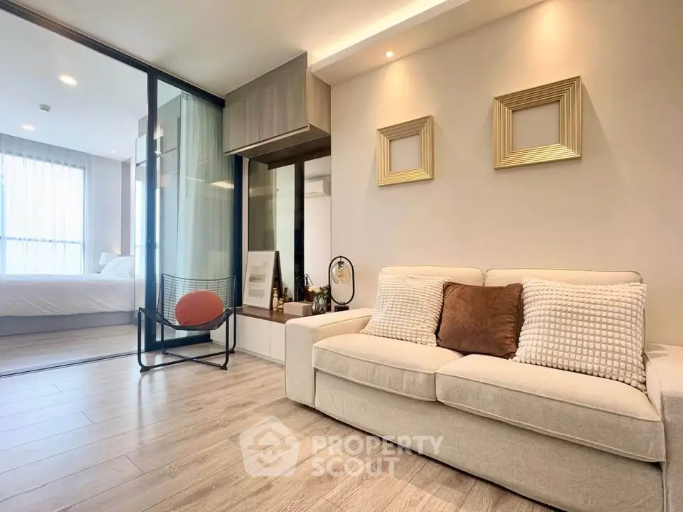 Modern living room with cozy sofa and stylish decor in a bright apartment