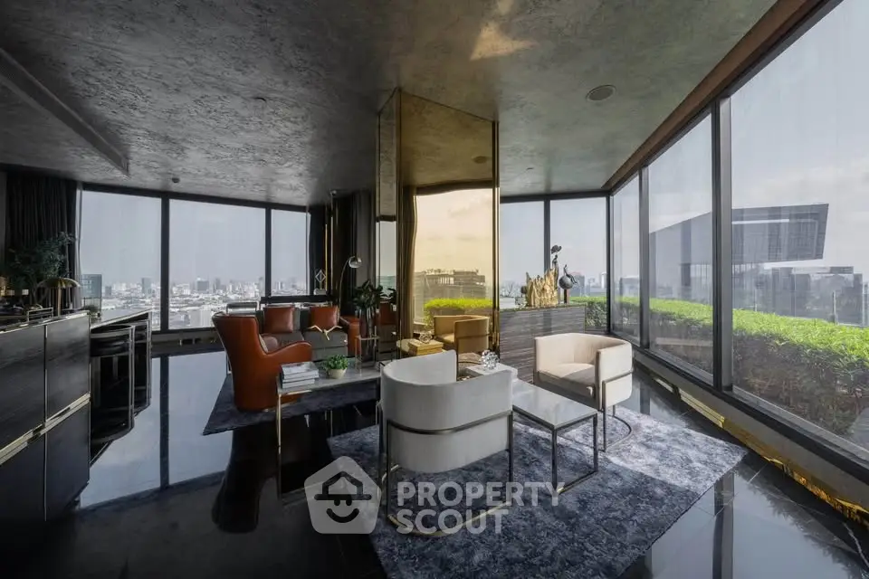 Luxurious corner unit living room with panoramic city views and elegant modern furnishings.