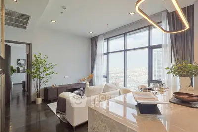 Luxurious modern living room with panoramic city view and elegant decor
