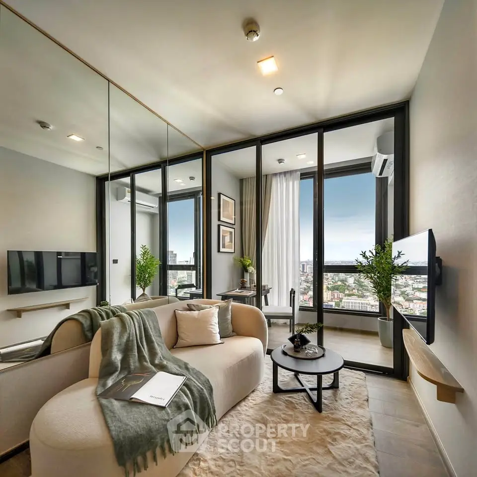 Luxurious modern living room with panoramic city view and elegant decor