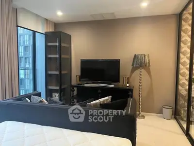 Modern living room with sleek TV setup and stylish decor