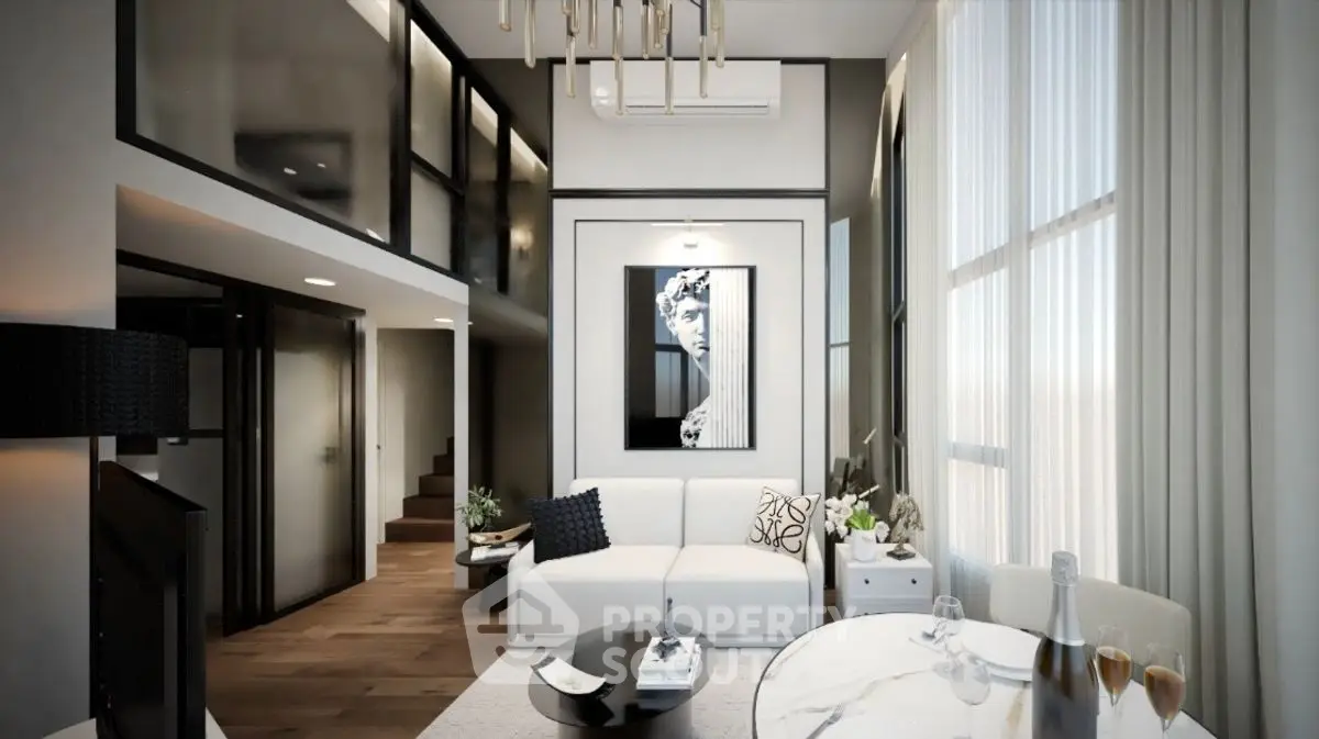 Luxurious modern living room with high ceilings and elegant decor