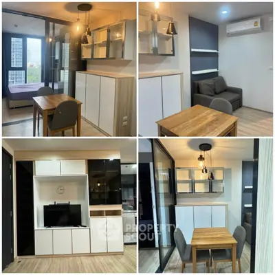 Modern apartment interior with stylish furniture and open layout, featuring a cozy living area and dining space.