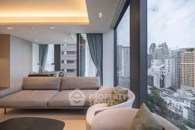 Luxurious modern living room with panoramic city views and elegant furnishings.