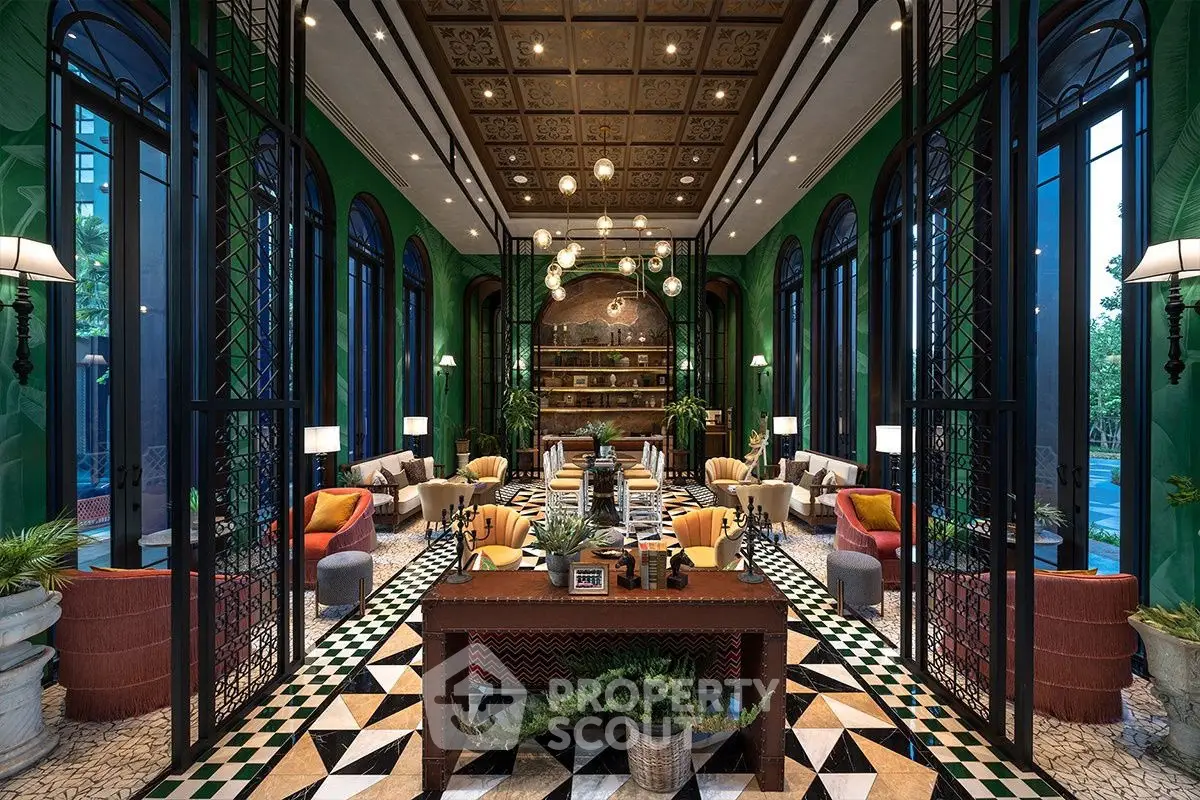 Luxurious living room with high ceilings, elegant decor, and vibrant green walls in a sophisticated setting.