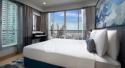 Luxurious bedroom with stunning city view and modern decor