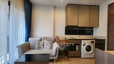 Modern living room with cozy sofa and integrated kitchen featuring washing machine and microwave.