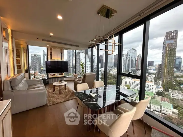 Luxurious corner unit living room with panoramic city views and modern furnishings.