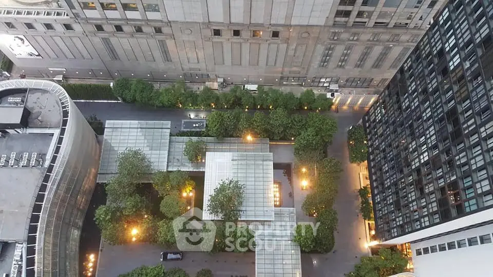 Stunning aerial view of urban garden courtyard surrounded by modern high-rise buildings.