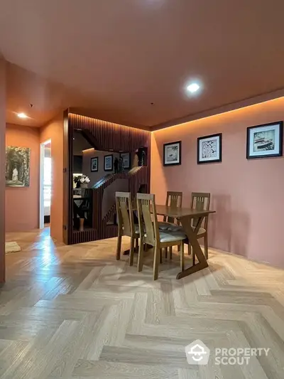 Stylish dining area with modern wooden furniture and elegant wall decor