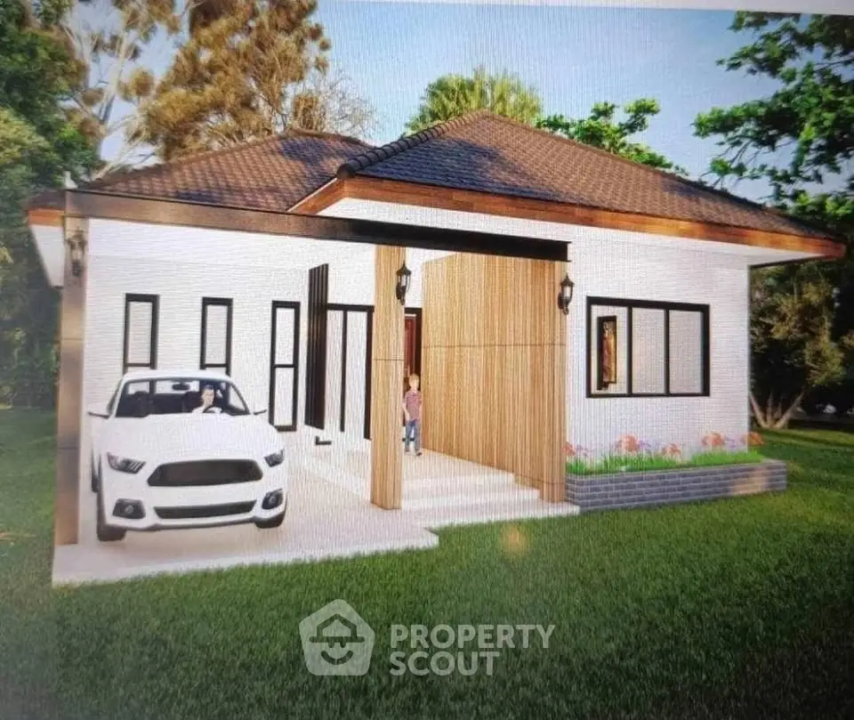 Charming single-story home with modern design and lush green surroundings.