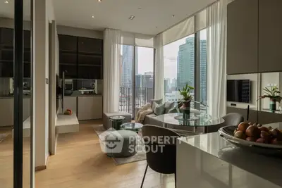 Luxurious modern living room with stunning city view and open kitchen layout.