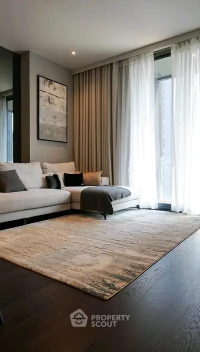 Elegant living room with modern decor and large windows for natural light.