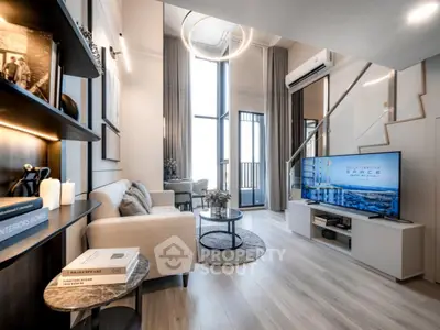 Modern living room with high ceiling and stylish decor in luxury apartment