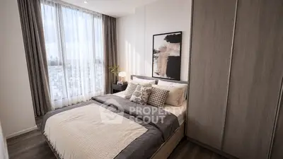 Modern bedroom with large window and stylish decor in a high-rise apartment.