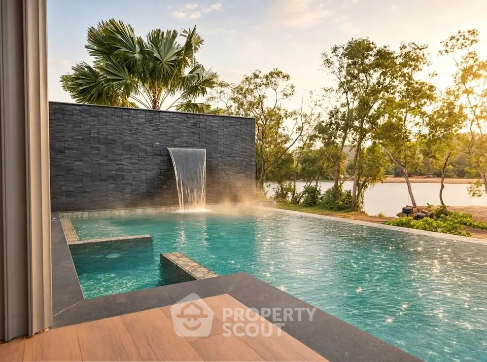 Luxurious infinity pool with waterfall feature and scenic river view