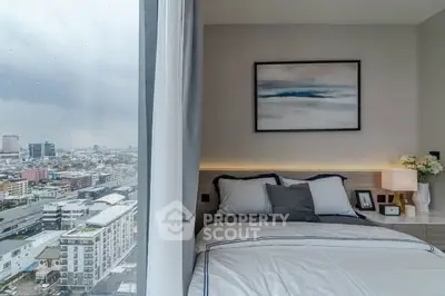 Modern bedroom with city view and stylish decor
