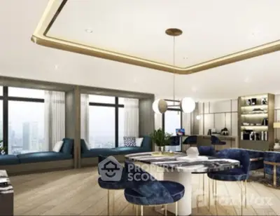 Luxurious modern living room with panoramic city views and elegant decor