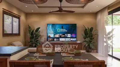 Luxurious living room with modern decor, large TV, and natural light from sliding glass doors.