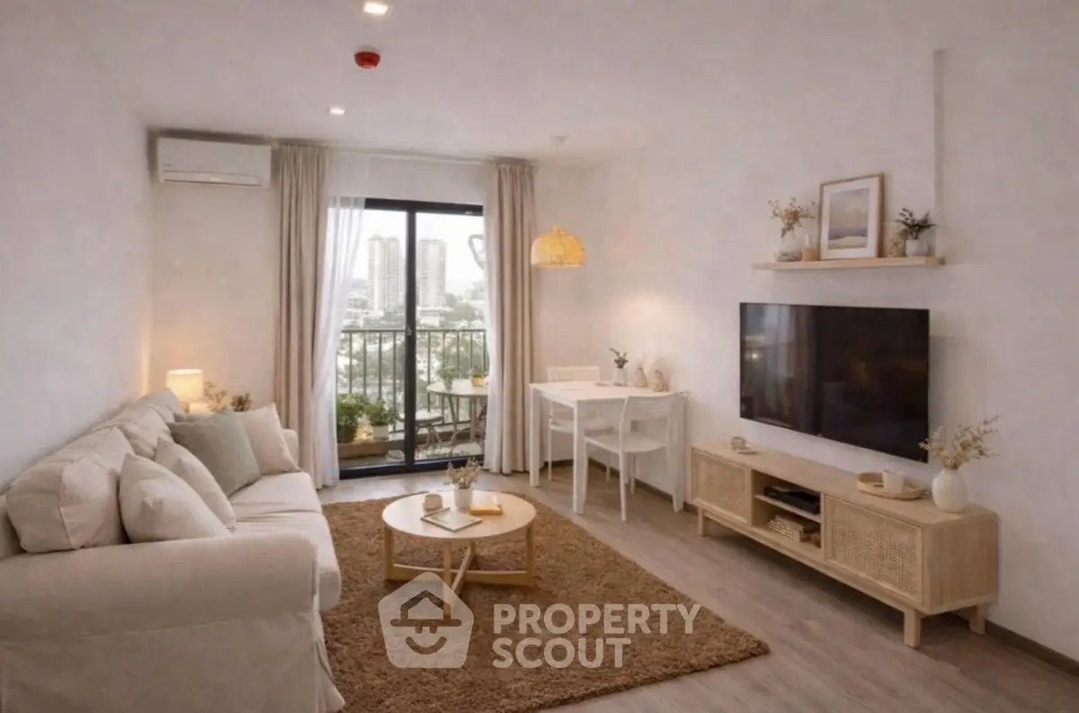 Chic living room with cozy sofa, stylish decor, and balcony view in modern apartment.