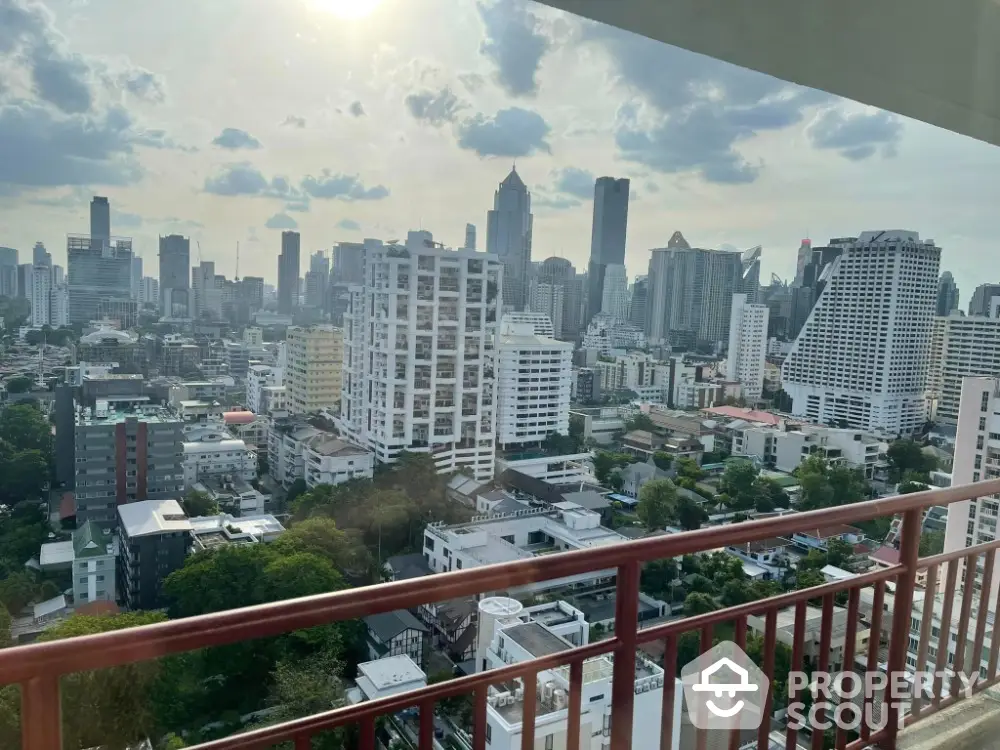 Stunning city skyline view from high-rise balcony in urban setting