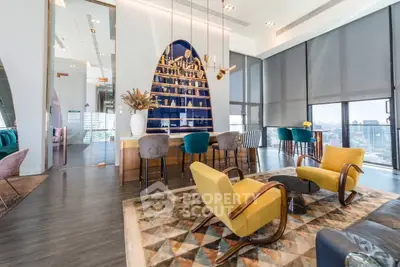Luxurious modern living room with stylish furniture and city view, perfect for urban living.