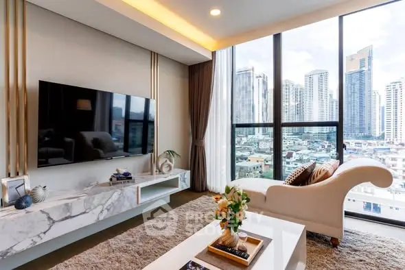 Luxurious living room with stunning city view and elegant decor