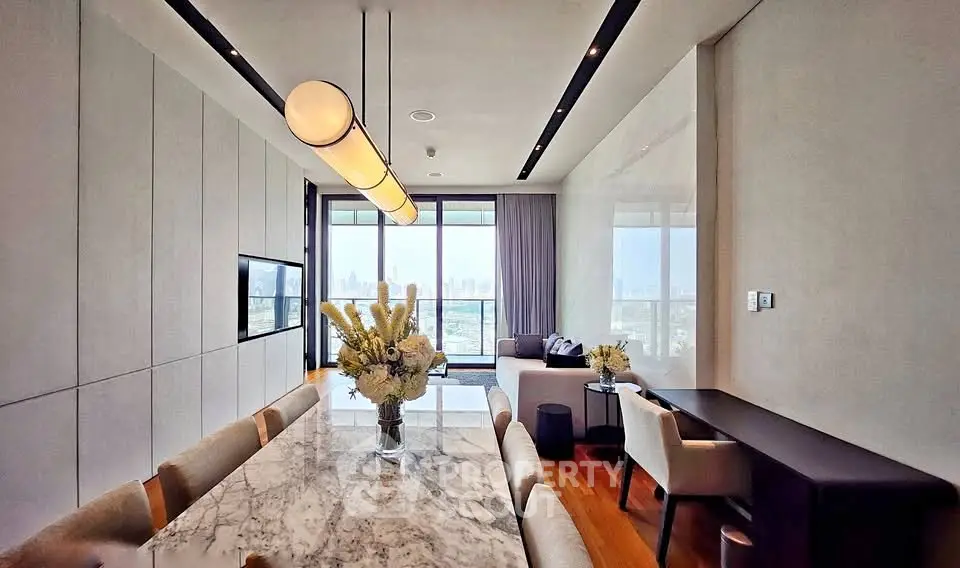 Luxurious modern living room with stunning city view and elegant marble dining table.