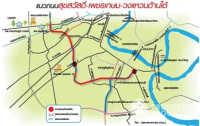 Detailed map showcasing Suk Sawat-Phetchaburi ring road route in Bangkok.