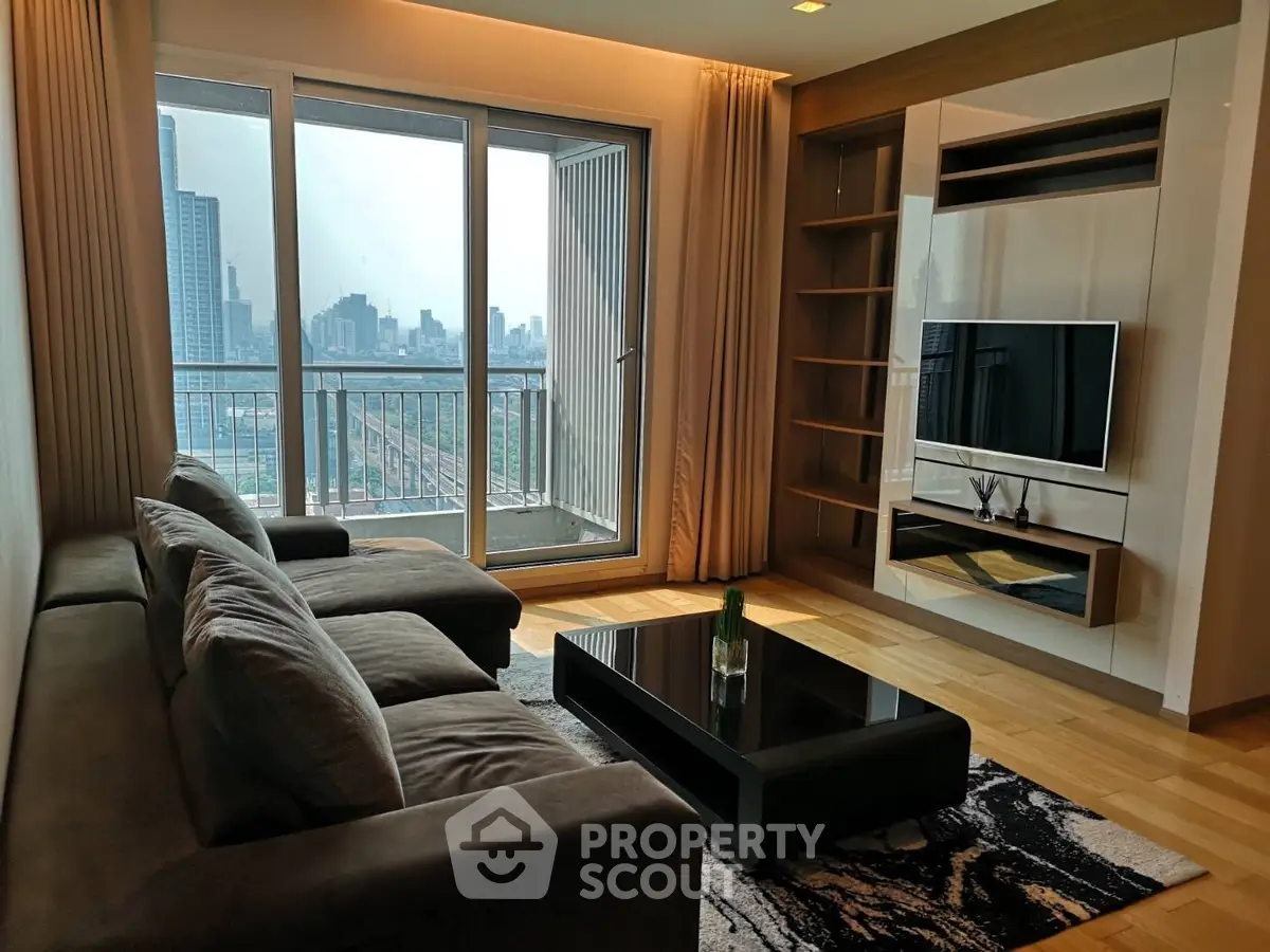Modern living room with city view, stylish furniture, and large windows.