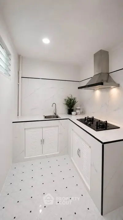 Modern kitchen with sleek white cabinetry and gas stove, perfect for culinary enthusiasts.