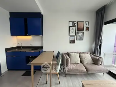 Modern apartment interior with stylish kitchen and cozy living area