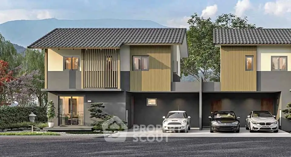 Modern two-story house with sleek design and spacious driveway in a serene neighborhood.