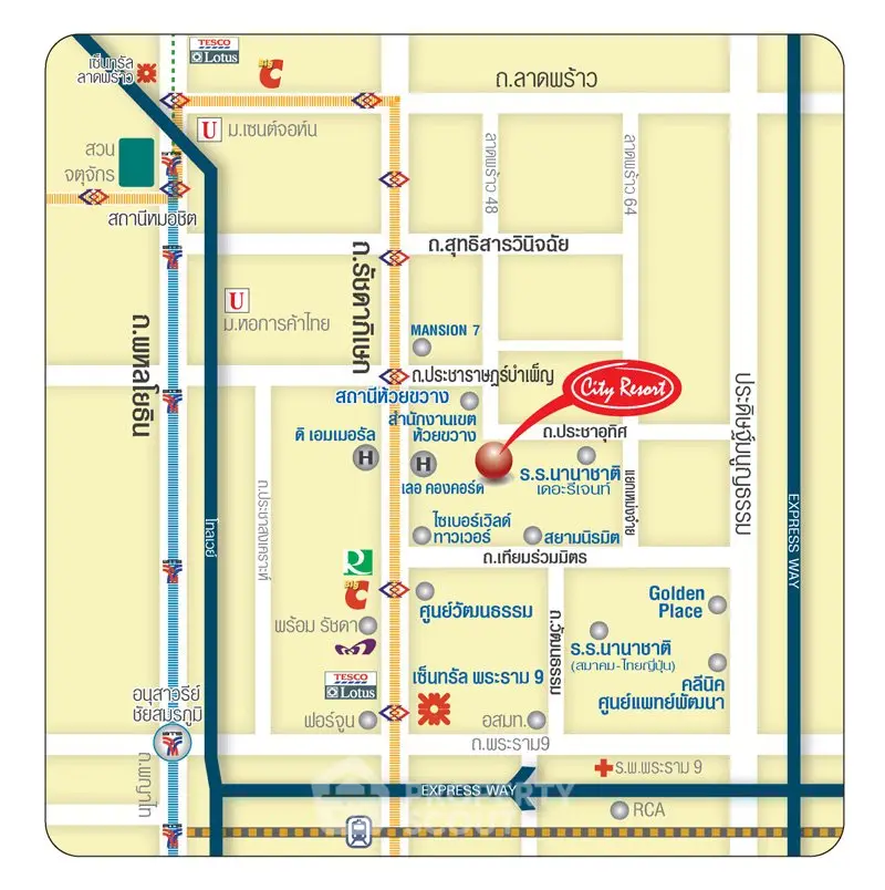 Map showing location of City Resort with nearby landmarks and transportation routes.