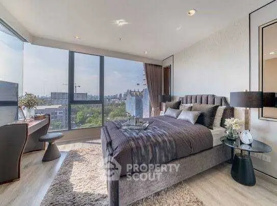 Luxurious bedroom with stunning city view and modern decor