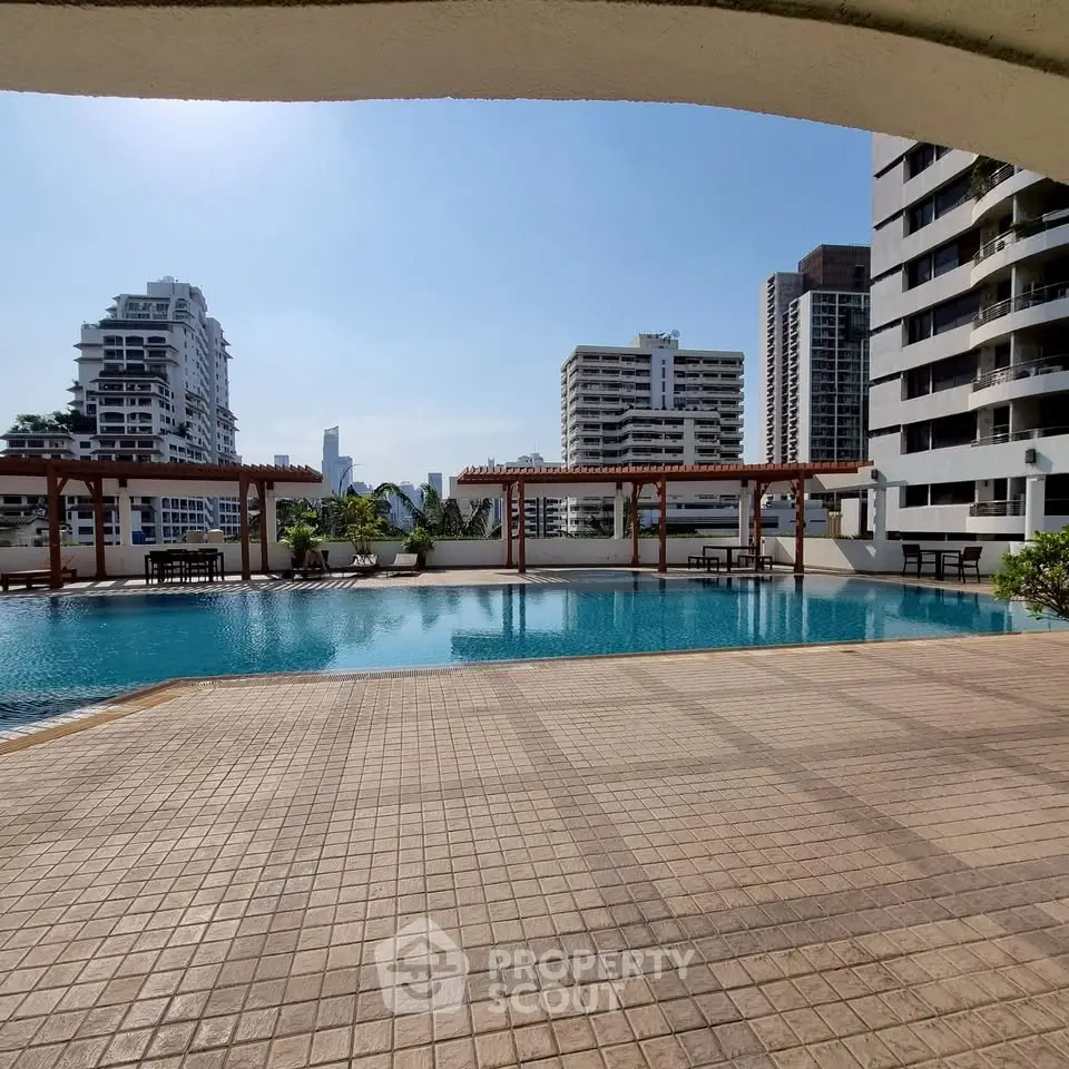 Luxurious rooftop pool with stunning city views in a high-rise building.