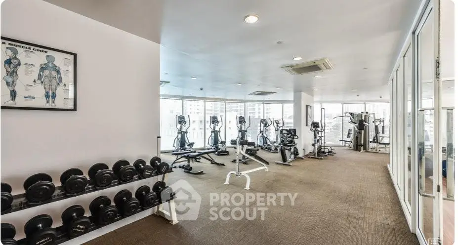 Spacious gym with modern equipment and city view in luxury apartment building.