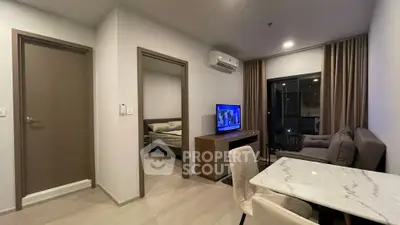 Modern apartment living room with open layout and balcony view