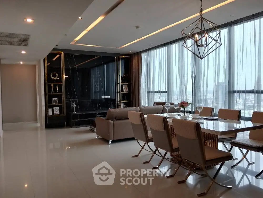 Luxurious modern living room with elegant dining area and floor-to-ceiling windows