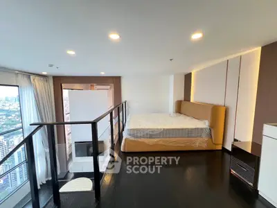 Luxurious loft bedroom with stunning city view and modern design