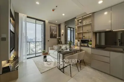 Modern open-plan living room with city view and elegant decor