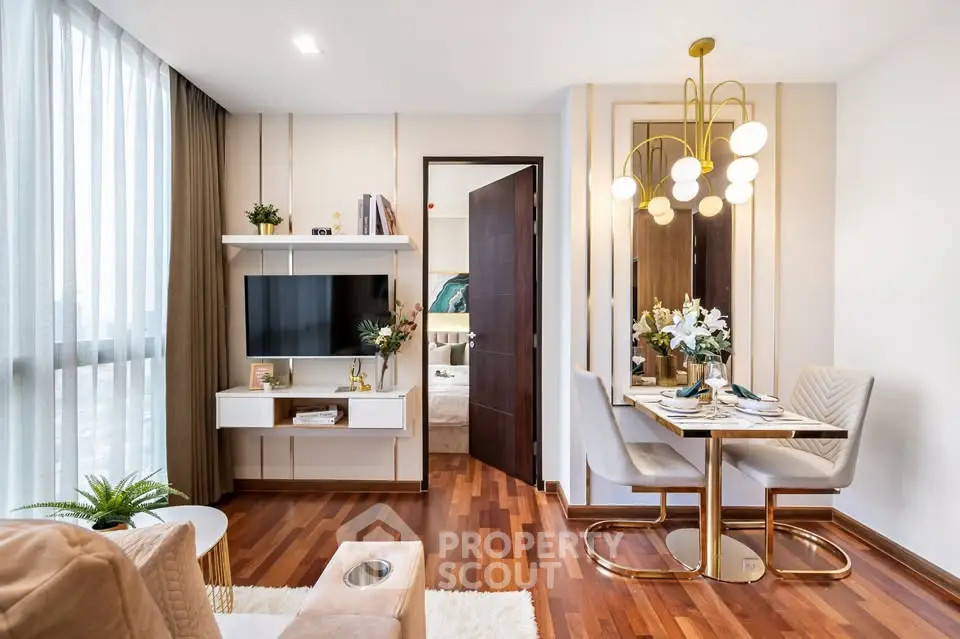 Modern living room with elegant dining area and stylish decor