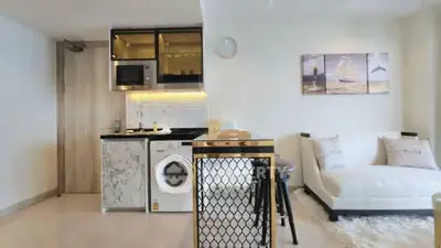 Modern living room with compact kitchen and washing machine, featuring stylish decor and cozy seating area.