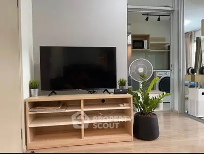 Modern living room with TV, fan, and plants, open view to laundry area.