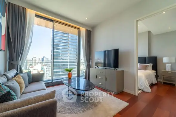 Modern living room with city view and adjacent bedroom in luxury apartment.