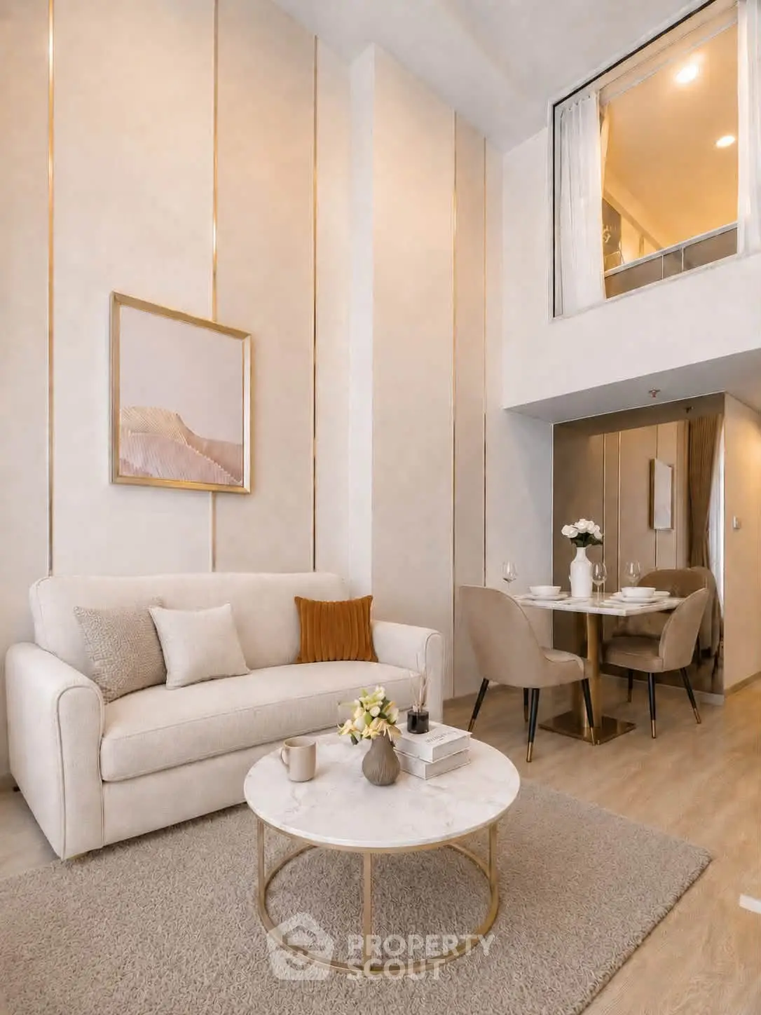 Elegant living room with high ceiling and modern decor in a stylish apartment