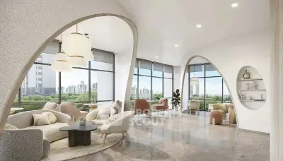 Luxurious modern living room with panoramic city views and elegant furnishings.